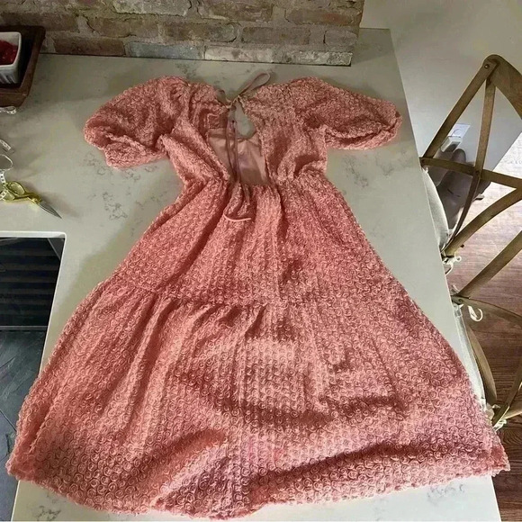 La’Ven Pink Rose Print Puff Shoulder Midi Dress Size M- B08 - Picture 6 of 12